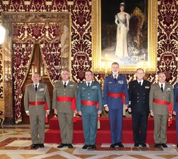 Su Majestad el Rey junto al grupo de generales de División y vicealmirantes que asisten a la audiencia